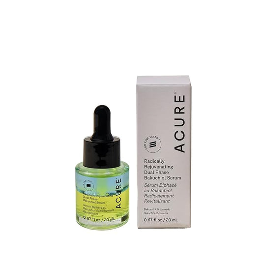 Acure Radically Rejuvenating Dual Phase Bakuchiol Serum - Anti-Aging & Soothing Skin Support - All Natural Made with Eggplant, Turmeric & Bakuchiol - Vegan Skin Care, Hydrates & Defends - 0.67 oz
