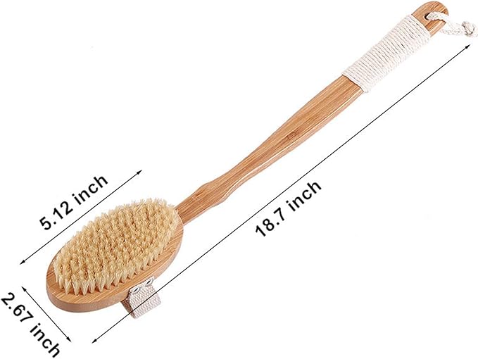 Body Brush Back Scrubber,18.7 inch Long Handle Detachable Body Brush with Dual Brushing Heads for Dry Brushing Shower, Bamboo Medium Firm Bristle Brush for Body Cellulite and Lymphatic (Beige)