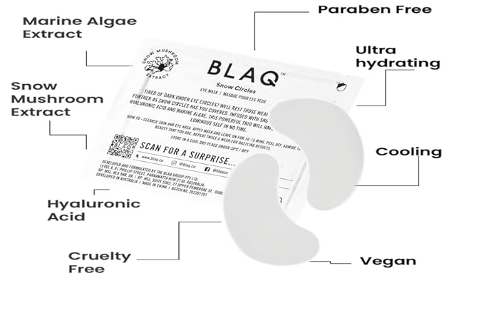BLAQ Snow Circles Premium Under Eye Hydrating Patches for Dry Skin, Dark Circles and Puffiness. Snow Mushroom, Green Tea, Marine Algae, Vegan and Cruelty-Free, 30-Pack