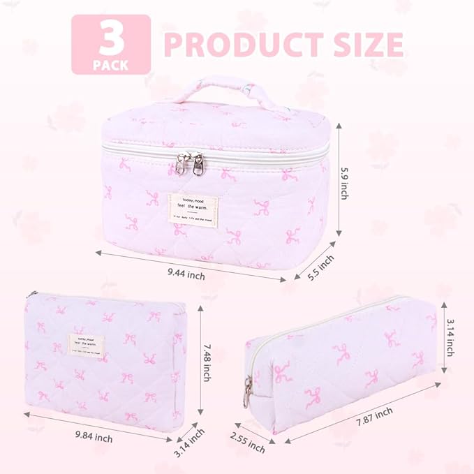 3Pcs Cotton Quilted Makeup Bag Set,Large Floral Cosmetic Bag,Aesthetic Toiletry Travel Makeup Bag Set and Cute Flower Bag for Women Girls (Pink Bow)