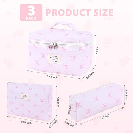 3Pcs Cotton Quilted Makeup Bag Set,Large Floral Cosmetic Bag,Aesthetic Toiletry Travel Makeup Bag Set and Cute Flower Bag for Women Girls (Pink Bow)