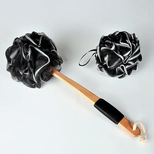 2 Pcs Back Scrubber Shower Loofah Puff Back Bath Sponge Exfoliating Shower Sponge Shower Skin Brush Body Scrubbing Sponge with Long Wooden Handle