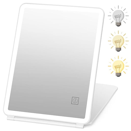 KerMiCi 【Large Size】 Travel Makeup Mirror with Light, Led Folding Vanity Mirror Portable USB Rechargeable Mirror 3 Color Lighting Touch Screen Brightness Thin Compact Vanity Mirror Dimmable Mirror