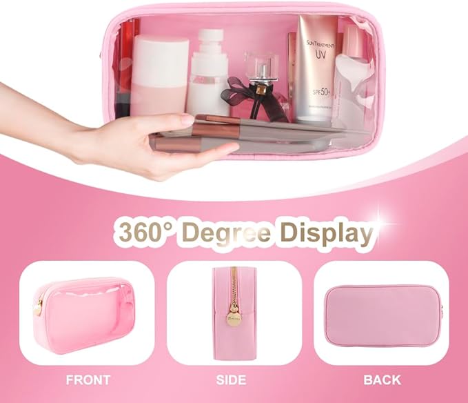 Medium Preppy Transparent Makeup Pouch Women Travel Clear TPU and Nylon Cosmetic Pouch (Medium, Pink)