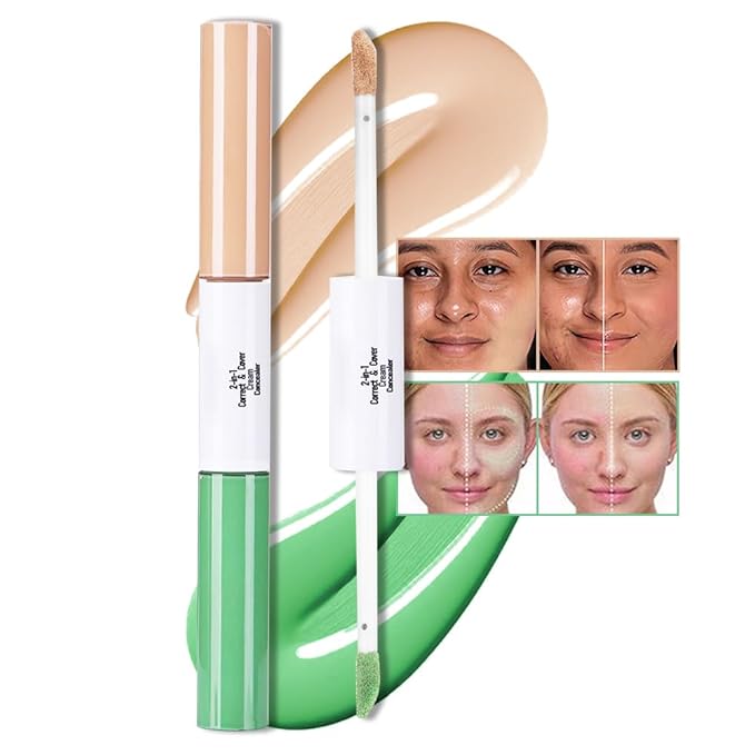 2-In-1 Green & Dark Nude Camo Concealer, Under Eye Brightener, Long-Lasting Full-Coverage Highly Pigmented Matte Finish Concealer | Conceal Crease-Proof | Makeup for Middle-Aged & Older Women