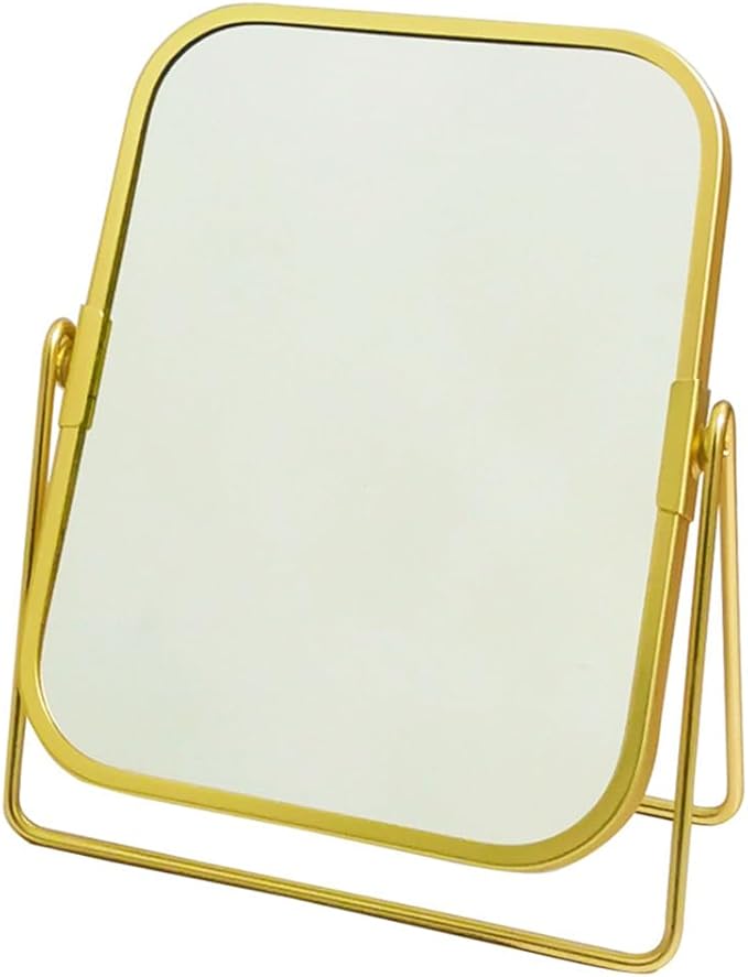 2-Sided Golden Tabletop Makeup Mirror, Double Sided 2X Magnification Vanity Mirror, 360°Rotation Dressing Table Mirror (Gold - Rectangle)