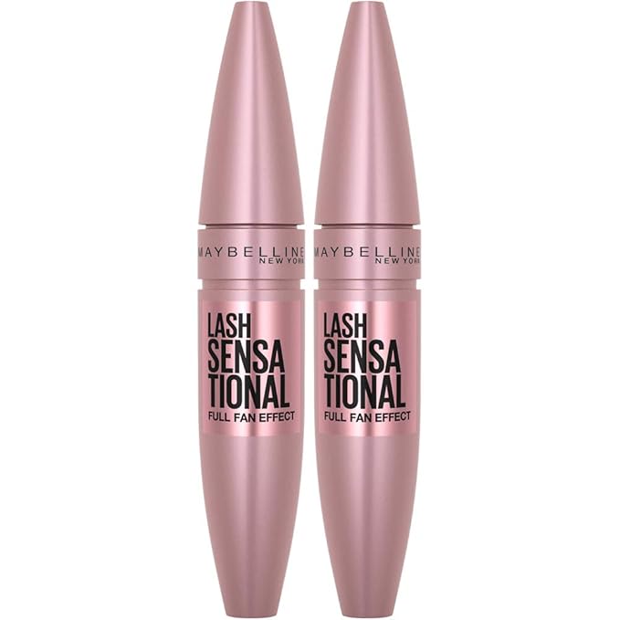 Maybelline Lash Sensational Washable Mascara, Lengthening and Volumizing for a Full Fan Effect, Blackest Black, 2 Count