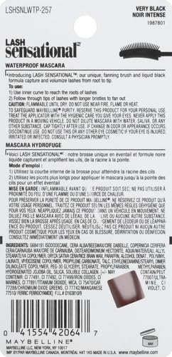 Maybelline Lash Sensational Waterproof Mascara, Lengthening and Volumizing for a Full Fan Effect,Very Black, 1 Count (Pack of 2)