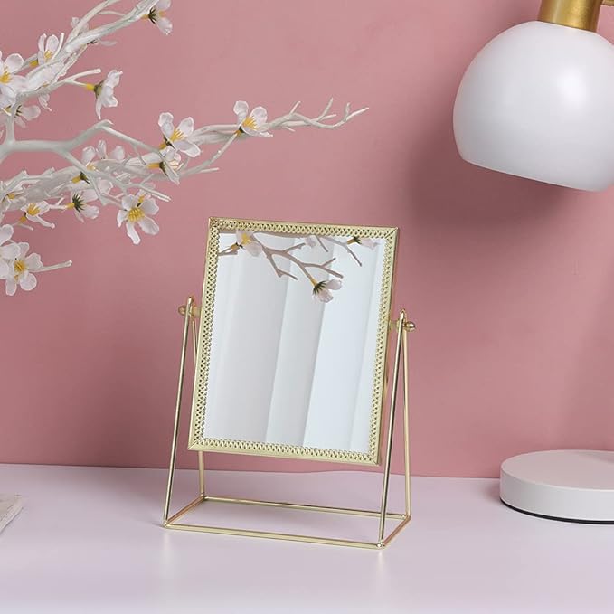 LONGSHENG - SINCE 2001 - Makeup Mirror Single Sided Cosmetic Mirror Rectangle Beauty Mirror Handmade Make Up Mirror for Dresser Vanity Table Desk - Gold