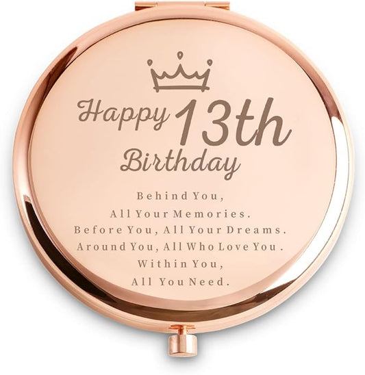 15th Birthday Gifts for Girls, Personalized Engraved Compact Mirror, Rose Gold Finish, 2.5" Round Frame, Dual Mirror Functionality