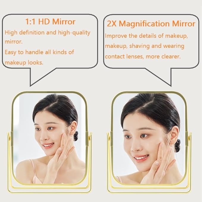 2-Sided Golden Tabletop Makeup Mirror, Double Sided 2X Magnification Vanity Mirror, 360°Rotation Dressing Table Mirror (Gold - Rectangle)