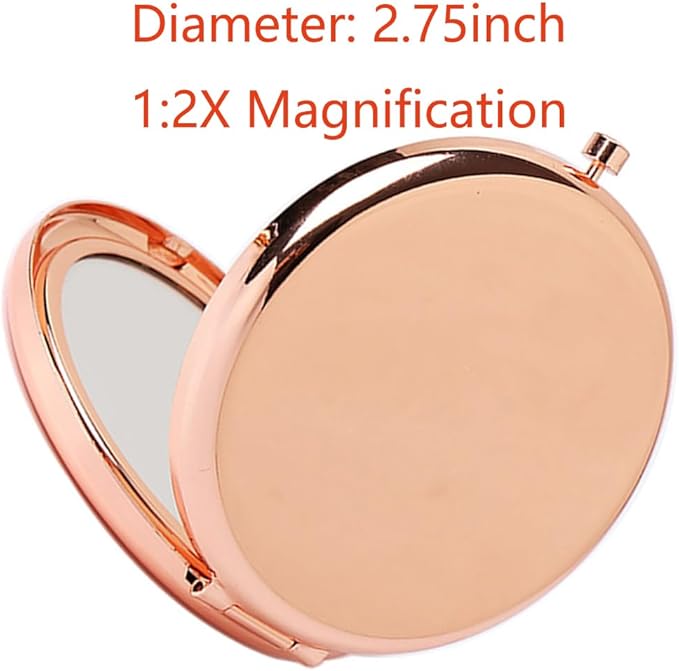 2pcs Magnifying Compact Mirrors 1X 2X Folding Makeup Mirror Mini Round Travel Mirrors 2.75 Inch Foldable Pocket Purse Cosmetic Mirror Sturdy Metal with Diamonds Women Girls Gifts (Rose Gold)