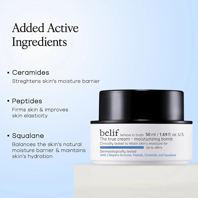 belif Moisturizing Bomb – Daily Ceramide Moisturizer with Peptide & Squalane, 48hr Hydration & Anti-Aging Cream, Milky & Lightweight, Restores Skin Barrier, Korean Skincare, 1.68 fl oz (50ml)
