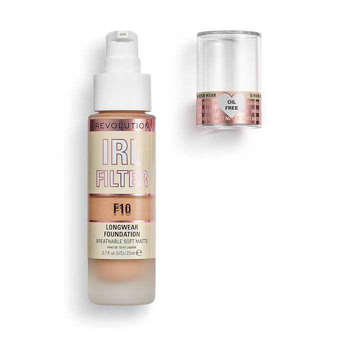 Revolution, IRL Filter Longwear Foundation, Soft & Breathable Formula, Medium to Full Coverage, Matte Finish, F10, 0.7 fl oz