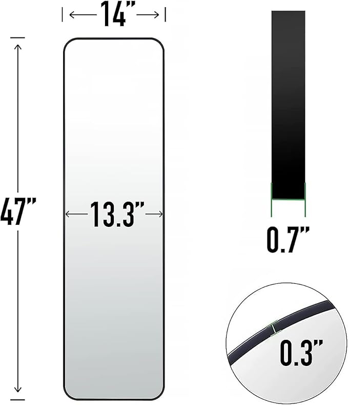 47x14 Mirror Full Body Length Door Hanging Rope Hang Wall Mounted Metal Frame Rectangle Mirrors for Bedroom Bathroom Dressing Living Room 47 inch Black