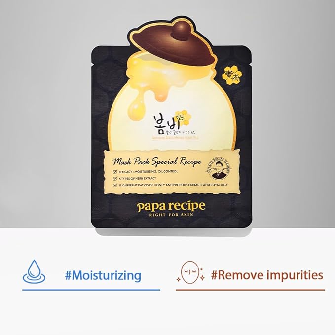 Papa Recipe Bombee Honey Mask Pack 25g * 10 sheets - Sheet Mask, Facial Skin Care, Korean Skin Care, K-Beauty, Ampoule Solidified, For radiant skin (Black)
