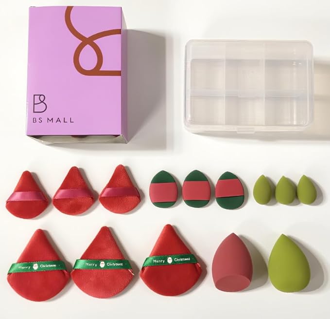 Makeup Sponge Set BS-MALLTriangle Puff 14 Pcs for Liquid, Cream, and Powder, Multi-colored Makeup Sponges and Mini Makeup Sponge (Green Red)
