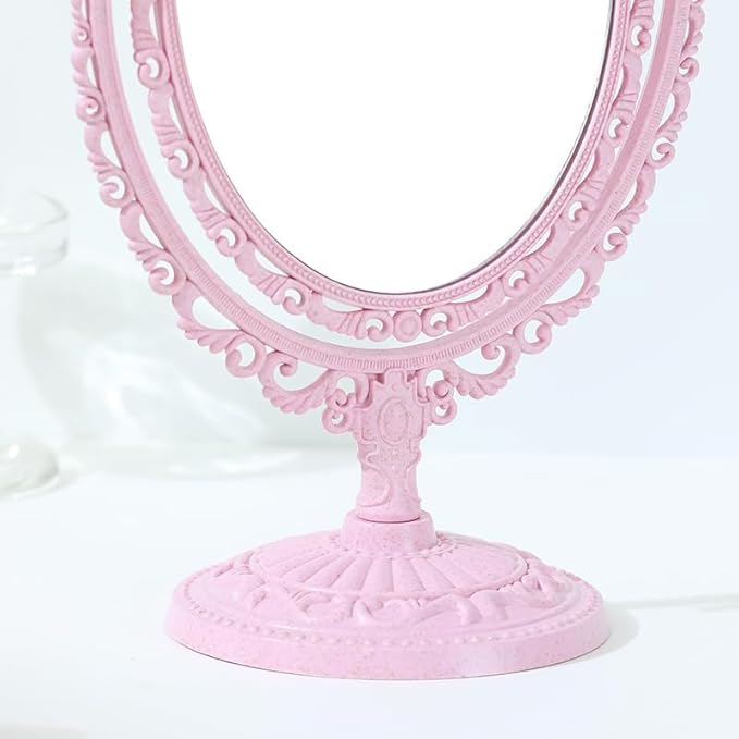 AKOAK 1 Pack Desktop Makeup Mirror, Oval Desk Makeup Mirror, Double-Sided 360-degree Rotating Makeup Mirror Bathroom Bedroom Makeup Mirror, Travel Mirror Suitable for Women (Pink)