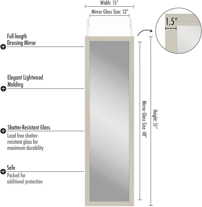 Americanflat 12x48 Over The Door Mirror - Hanging Full Length Mirrors with Engineered Wood - Modern Mirror for Bathroom, Bedroom, Living Room - Mirrors for Wall Display and Home Decor - Light Wood