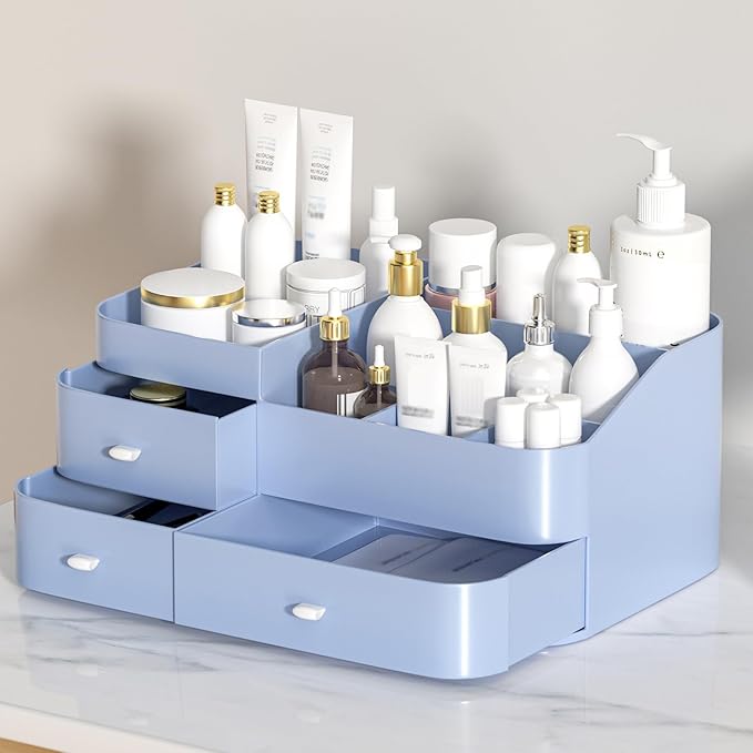 MIUOPUR Makeup Organizer for Vanity, Large Capacity Desk Organizer with Drawers for Cosmetics, Lipsticks, Jewelry, Nail Care, Skincare, Ideal for Bedroom and Bathroom Countertops - Large Blue