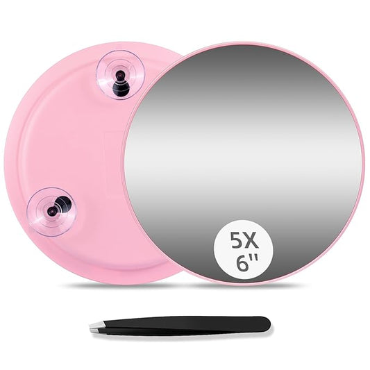 5X Makeup Magnifying Mirror, 6inch Makeup Magnification and Tweezers Set, 5X Travel Magnified Mirror with 3 Suction Cups for Easy Mounting - Blackhead/Blemish Removal for Women Men
