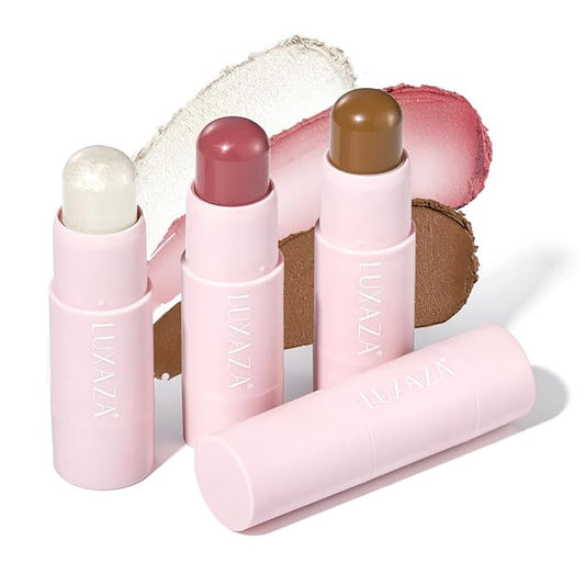 3PCS Cream Blush Contour Highlighter Bronzer Stick Makeup Set for Girls and Women #HCB6 Dark