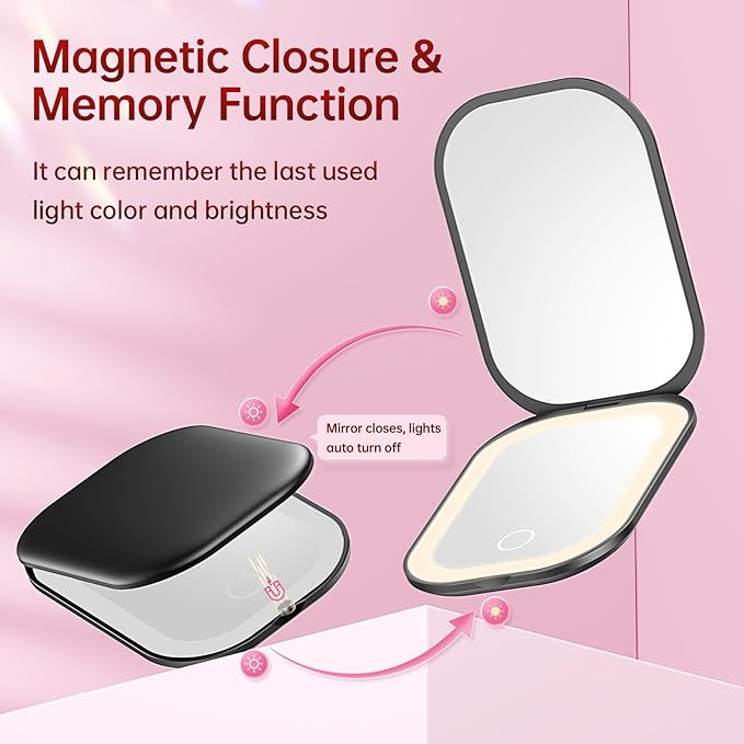 Benbilry Lighted Compact Travel Mirror with 3 Color Lights, 1X/3X Magnifying Ultra Slim Rechargeable Pocket Mirror for Purse, 2-Sided, Handheld, Folding, Portable, Black