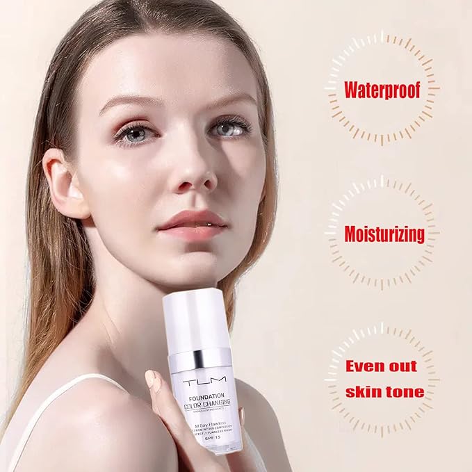 2Pcs 30ml TLM Colour Changing Foundation Makeup Concealer Cover Cream Full Coverage Flawless Liquid Base Nude Face Liquid Cover Concealer Change Skin Tone All-Day Moisturizing Foundation for Women&Girls