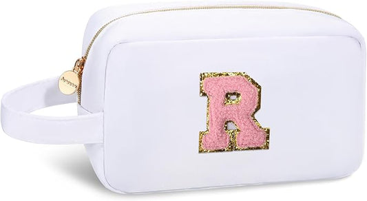 Aveniee Travel Makeup Bag for Women,Initial Monogram Cosmetic Bag Toiletry Pouch,Christmas Birthday Gifts for Teen Girls Best Friend or Sister Teacher-White R