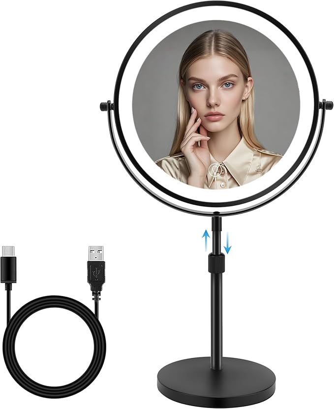 8.7" Large Lighted Makeup Mirror, 1X/10X Magnifying Mirror with 3 Color Dimmable Lights, Double Sided Vanity Mirror, Height Adjustable, 360° Swivel Cosmetic Mirror for Women Girl(Black)