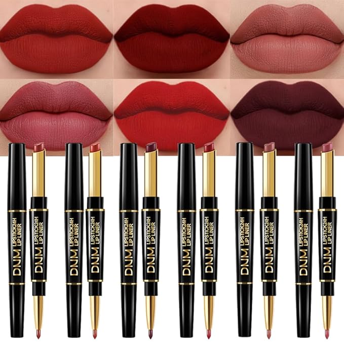 BINGBRUSH 2 IN 1 Lip Liner & Lipstick Makeup Set, Dark Red Matte Metallic Lipliner Set for Black Mature Women Waterproof Long Lasting Gift Set (6Pcs Set-A02-Matte, 6Pcs)