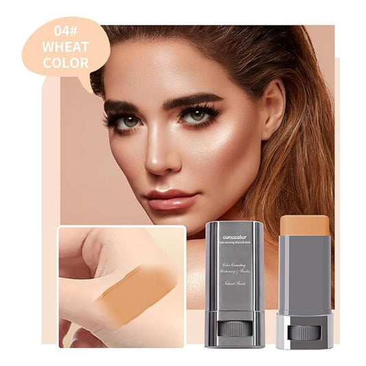 3-in-1 Foundation Stick Beauty Balm Serum Boosts Skin Tone, Solid Tinted Moisturizing Serum Contouring Foundation for Women, Natural Finish, Buildable Medium to Full Coverage(04#WHEATCOLOR)