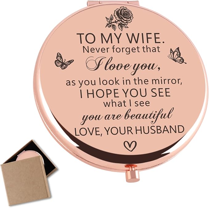 Gifts for Wife from Husband Love You Wife Gifts Rose Gold Compact Mirror Birthday Wedding Anniversary Valentines Day Mothers Day for Wife from Husband Romantic Gifts for Her
