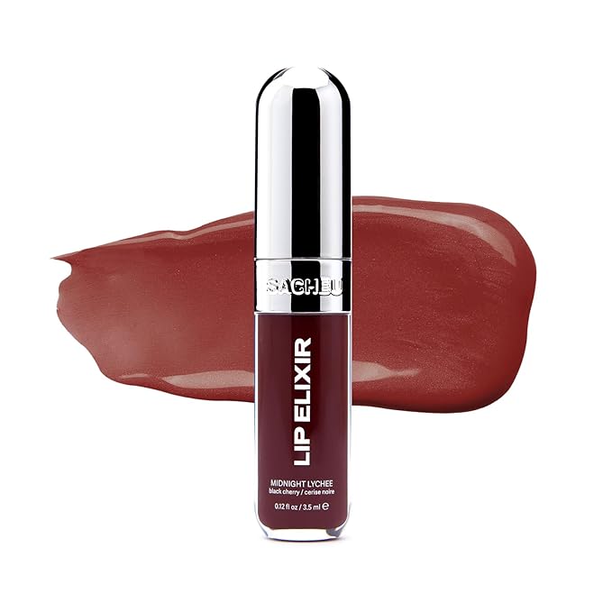 Sacheu Lip Elixir Nourishing and Hydrating Lipgloss — Moisturizing Plumping Lip Gloss Enriched with Collagen, Non-Sticky Lip Color Smooth High-Shine Finish, Vegan & Cruelty-Free, Midnight Lychee