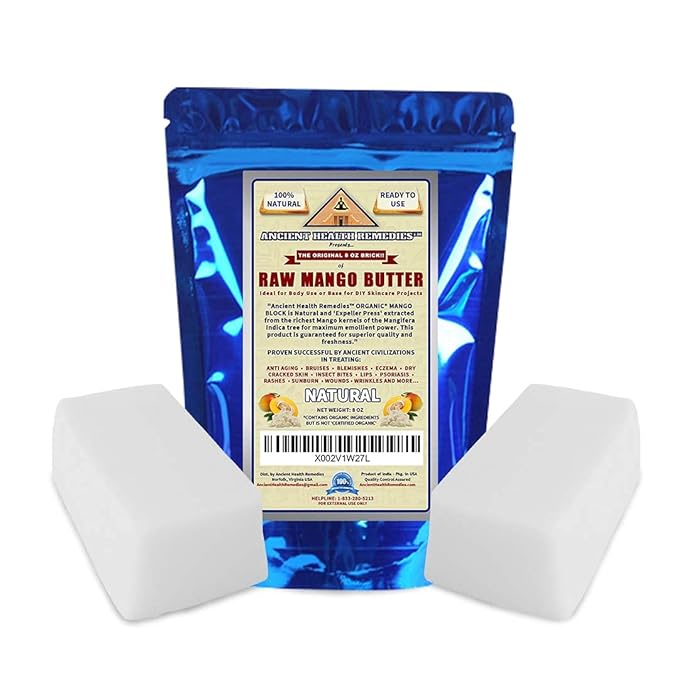 ANCIENT HEALTH REMEDIES Organic Unrefined Raw MANGO BUTTER JAR/BLOCKS Bulk, Light Mango Aroma, Non-Greasy Base for Beauty, Skin Moisturizing, DIY Base for Body Butter & Hand Creams (8OZ)