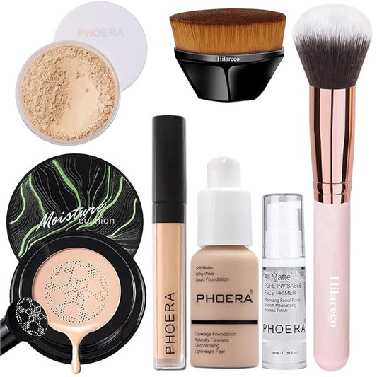 PHOERA Full Coverage Makeup Set - Mushroom Head Air Cushion CC Cream Natural Foundation, Concealer, Primer, Powder & Foundation Brushes (102 Nued +02 Natural CC)
