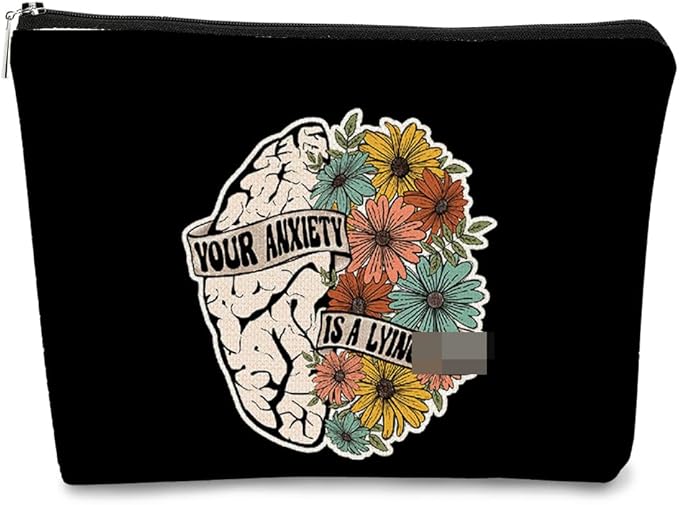 Makeup Bag,Mental Health Gifts,Motivational Gifts for Women,Your Anxiety is a Lying Mental Health Brain with Flowers Makeup Bags,Affirmations Cosmetic Bag,Travel Makeup Bag,Small Makeup Bag