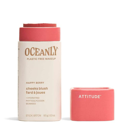 ATTITUDE Oceanly Plastic-Free Lightweight Blush Stick, Titanium Dioxide-Free, EWG Verified, Vegan & Cruelty-free Makeup, Happy Berry, 0.3 Ounces