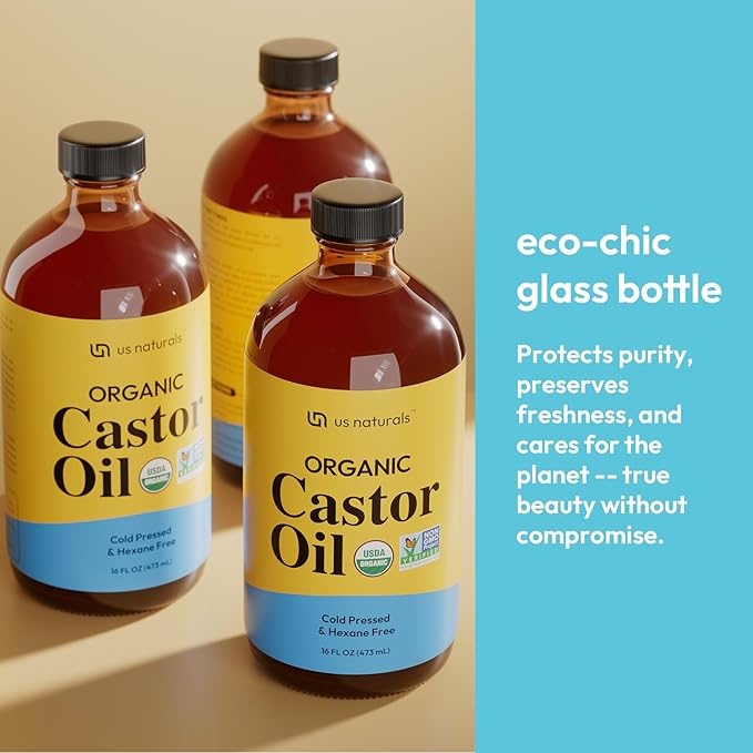 16oz Organic Castor Oil – Glass Bottle – USDA Certified Organic & Non-GMO – 100% Pure, Cold-pressed, Unrefined, Hexane-free – Premium Glow-Boosting Oil for Skin, Hair, Lashes, Nails & More