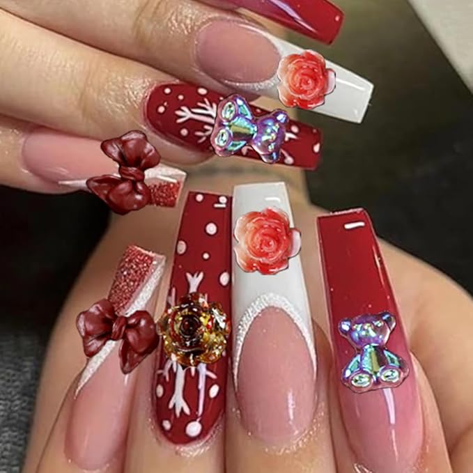 110 Pieces 3D Nail Charms for Acrylic Nails, Camellia Rose Flower Butterfly Bowknot Heart Bear Rabbit Star Charms for Nail Art Designs DIY Accessories Craft(Red+2)