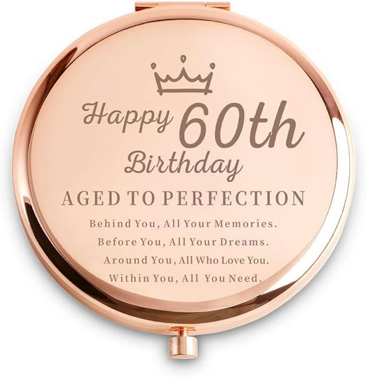60th Birthday Gifts for Women - Personalized 60 Year Old Birthday Presents Ideas for Her Grandma Mom Wife Sister Aunt Best Friends BFF Coworkers - Engraved Compact Mirror, Rose Gold