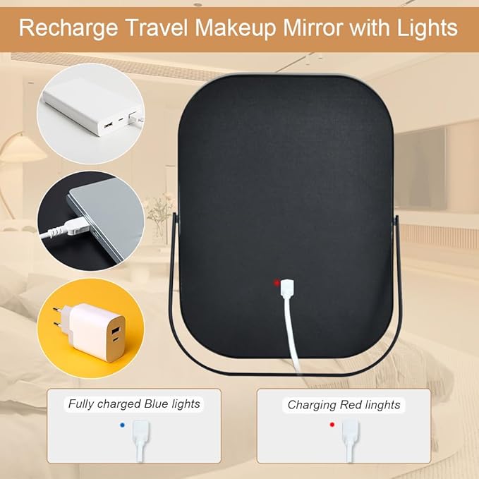 Black Travel Mirror with Lights, Small LED Makeup Mirror with Lights,Portable Desk Mirror 1200mAh Battery,3 Color Modes,Dimmable Touch Screen, Tabletop Folding Compact Mirror,Women Gift