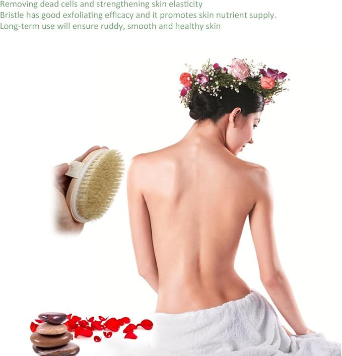 Dry Brushing Body Brush, Natural Bristle Dry Skin Exfoliating Brush Body Scrub for Beautiful Skin, Cellulite Treatment, Lymphatic Drainage, Soften Skin, Blood Circulation Improvement, Medium Strength