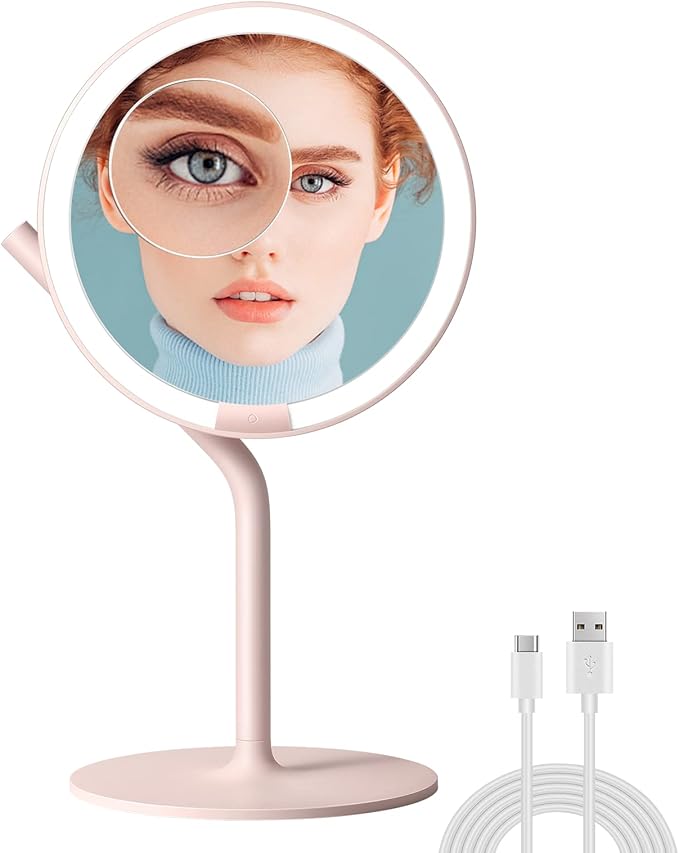 AMIRO Professional 8" LED Lighted Makeup Mirror with 5-Level Brightness, with 5X Magnifying Small Mirror, Tabletop Rechargeable Cosmetic Mirror with Touch Control 180°Rotation
