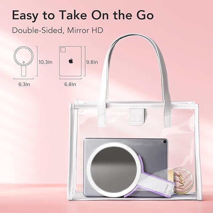 LitBear Travel Makeup Mirror with Light, Rechargeable Double-Sided 10X/1X Magnifying Mirror, Portable Lighted Beauty Mirror, 3 Color Lighting, Dimmable Touch Screen, Tabletop Handhold Hanging (Purple)