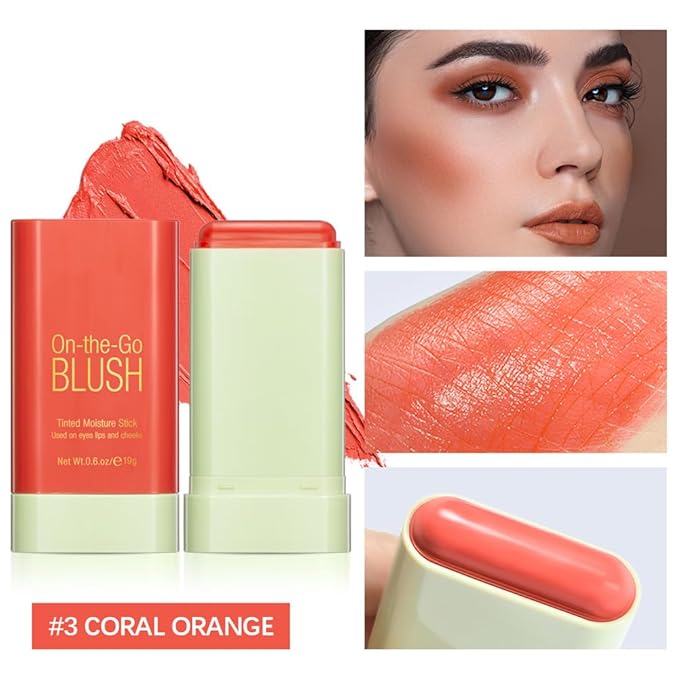 Mysense Orange Cream Blush Stick, On-the-Go Blush, Multi-use Makeup Blush Stick for Cheeks Lips Eyes, Solid Moisturizer Stick Blush Makeup Natural Matte Finish Waterproof Long-Lasting, 03 Coral Orange