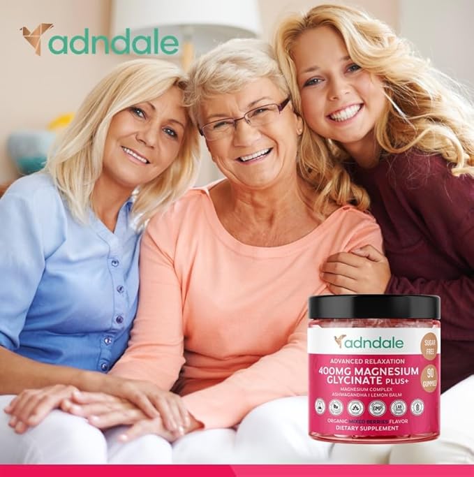 Adndale 90 CT Magnesium Glycinate Gummies 400 mg/Serv with Ashwagandha, Magnesium Malate & Taurate, Sugar Free Chews for Adults & Kids Relaxation, Stress Relief, Night Rest, Muscle & Cardio Support