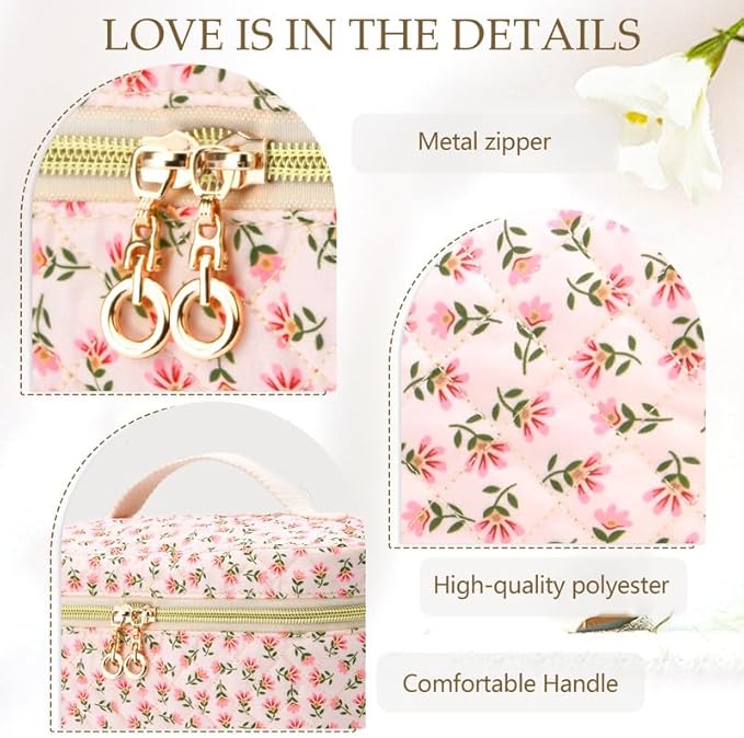 3 PCS Travel Makeup Bag Set, A-Z Initials Cotton Make up Bag Floral Quilted Cosmetic Bag for Girls and Women, Personalized Cute Toiletry Bag Travel Accessories Brushes Bag Flower - G