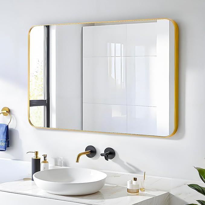 24x36 Mirror Rectangle Full Length Wall Mounted Hanging or Against Wall Metal Frame Dressing Make-up Mirrors for Entryway Bedroom Bathroom Living Room 24 36 36x24 inch Gold