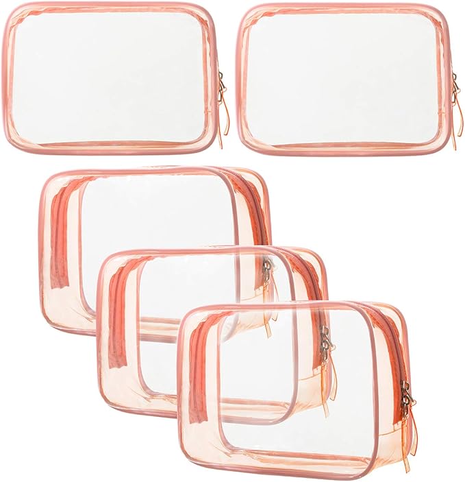 5 Pack Clear Plastic Zippered Toiletry Carry Pouch TSA Approved Toiletry Bag Portable Cosmetic Makeup Bag for Vacation, Bathroom and Organizing (Pink, Small)